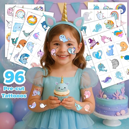 96PCS Narwhal Temporary Tattoos - Pre-Cut Party Favors