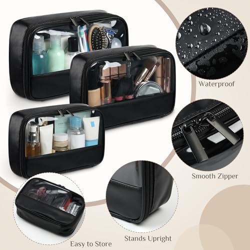 Abbylike 3 Pcs Clear Makeup Bag PU Leather Travel Cosmetic Case Transparent Toiletry Bag with Zipper Waterproof Travel Toiletry Bags for Women and Girls(Black)