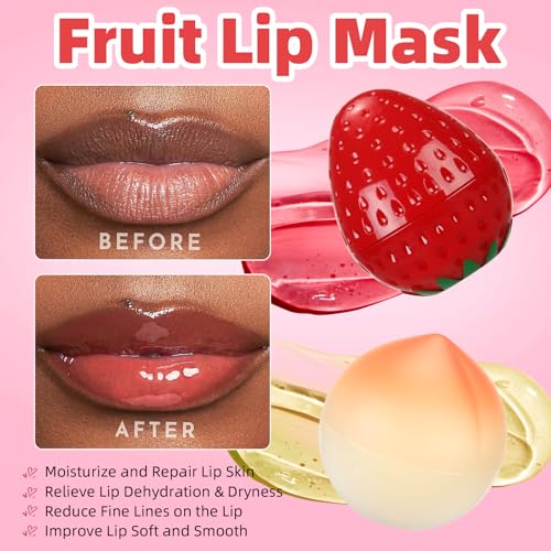 6 PCS Mini Bee Lip Balm Lip Mask Fruit Pot,Strawberry Lip Balm for Teens Girls 8-12,Lemon,Peach,Cherry Moisturizing Lip Sleeping Mask Overnight Lip Treatment,Color lip Balm Gifts Set, Galentines Gifts