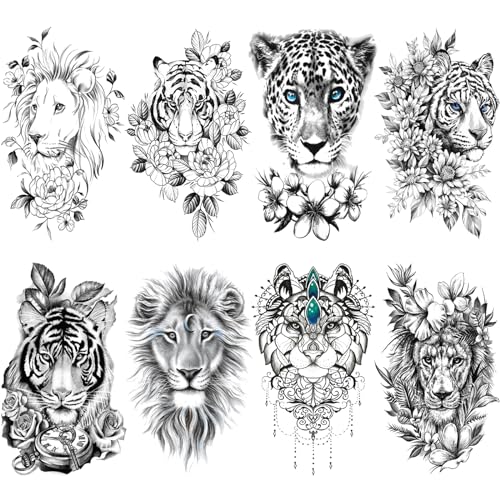 Animal Flower Temporary Tattoo For Women Half Sleeve, Large Realistic Tiger Lion Floral Fake Tattoo Adult Girl Thigh Chest, Black Leopard Pendant Temp Tatoo Sticker Arm Back Body Art Makeup, 8-Sheet