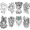 Animal Flower Temporary Tattoo For Women Half Sleeve, Large Realistic Tiger Lion Floral Fake Tattoo Adult Girl Thigh Chest, Black Leopard Pendant Temp Tatoo Sticker Arm Back Body Art Makeup, 8-Sheet