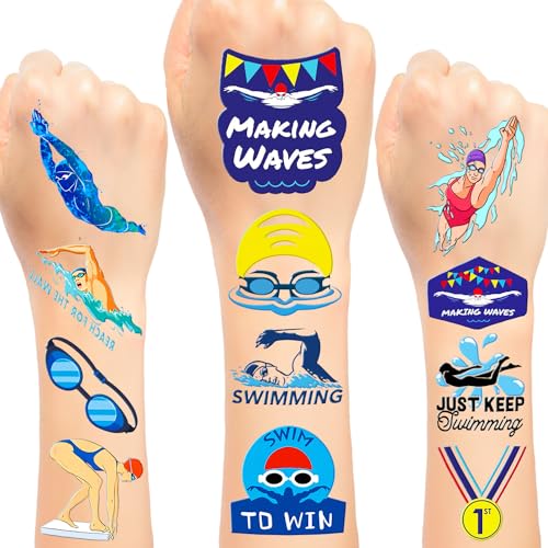 24 Sheets (144 PCS) Swimming Swim Team Temporary Tattoos Stickers, Swimming Swim Team Pool Sport Making Waves Party Favors Supplies Birthday Decorations Gifts for Swimmers Kids Teens Boys Girls