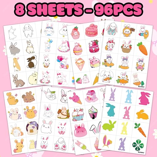 8 Sheets (96PCS) Bunny Pre-Cut Temporary Tattoos for Kids ? Cute Bunny Birthday Party Favors Supplies Decorations, Easter Egg Carrot Tattoo Stickers for Boys and Girls, Classroom Rewards and Prizes
