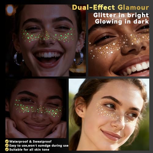 Glow in the Dark Glitter Freckle Tattoos – 6pc Gold Star Face Stickers