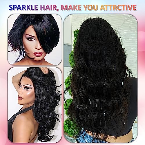 Black Hair Tinsel Kit 48 Inches with Tools & Instructions - Sparkling Hair Extensions for Women & Girls