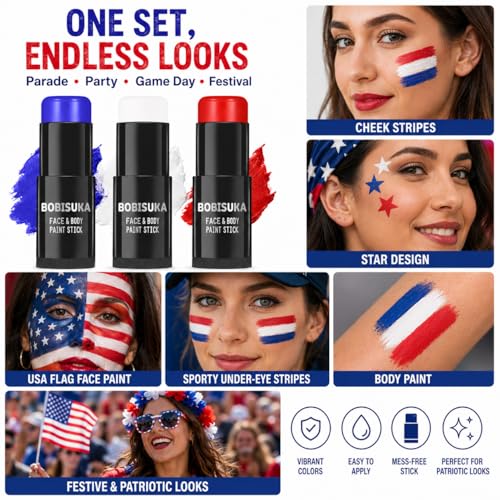 BOBISUKA Red White Blue Face Paint Sticks - Sports & Costume
