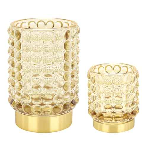 DASITON Makeup Brush Holder Organizer, Crystal Cosmetic Make Up Brush Holder, Glass Makeup Brushes Storage Organizer, Vintage Make Up Cup Desk Pen Pencil Holder, Toothbrush Holders (Yellow S+L)