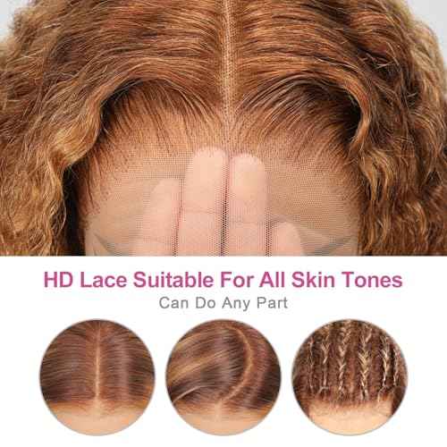 210% Density 13x6 Highlight Ombre Full Lace Frontal Wigs Human Hair 12A Deep Wave Brazilian Human Hair Pre Plucked 4/27 Honey Blonde HD Glueless Transparent Lace 20 Inch