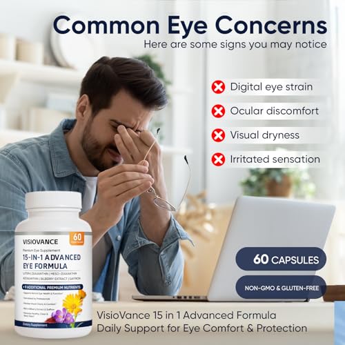 VisioVance 15 in 1 Advanced Eye Formula - Eye Vitamins with Lutein & Bilberry, 60 Count