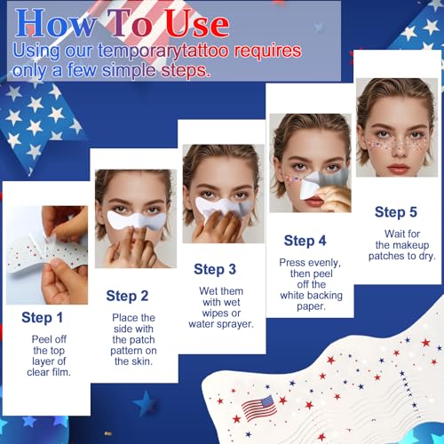 Boko 10Pcs Patriotic Temporary Tattoos, Red White Blue Independence Day Freckle Tattoos for Freckle Makeup, Waterproof Fake Freckles Makeup Patches for 4th of July Memorial Day Veterans Day Flag Party