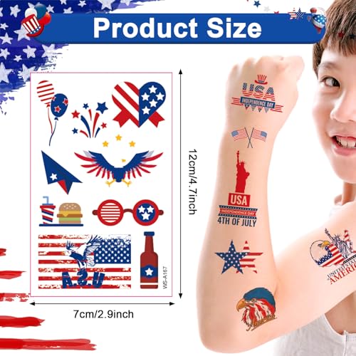 4th of July Tattoos Temporary for Kids Adults 20 Sheets 158PCS Fourth of July Party Favors Patriotic Stickers Independence Day Accessories American Flag Red White and Blue Decorations Party Supplies