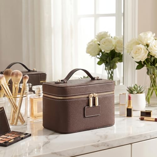Leather Makeup Case with Removable Divider - Travel Organizer