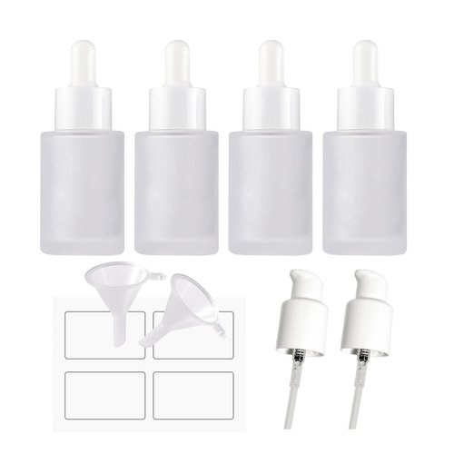AGENIZ 4 Pack Glass Dropper Bottles, Clear Frosted with 2 Funnels & 2 Lotion Pumps, 30 ml Essential Oil Bottles