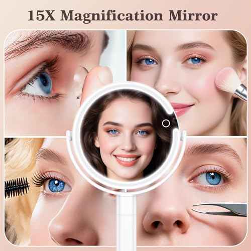 15X/1X Makeup Mirror with Lights, 4000mAh Vanity Mirror with 3 Lighting and Adjustable Brightness, 2-Sided Height Adjustable Lighted Magnifying Mirror, Make Up Mirror Gifts for Elder Women