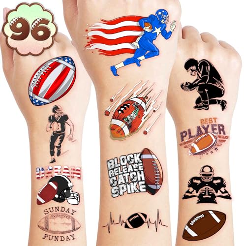 96PCS Football Pre-Cut Temporary Tattoos - Party Favors for Kids, Boys American Football Theme, Perfect for Birthday Parties, Classroom Prizes, Cheerleader & School Events Gifts