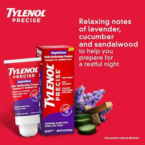 Tylenol Precise Nighttime Pain Relieving Cream, Topical Relief with 4% Camphor & 1.25% Menthol for Fast Acting & Penetrating Joint & Muscle Pain Relief, Calming Scent for Relaxation, 4 oz