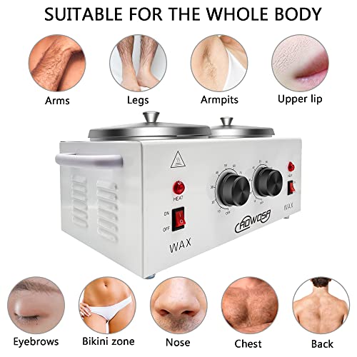 Professional Waxing Kit Wax Warmer Double Pot Wax Heater Machine for Hair Removal, Large Waxing Pot for Spa Salon Beauty Esthetician Home, with Adjustable Temperature Set, 50 Stick(White)