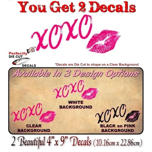 2 XOXO Kiss Lipstick Pink Kiss Mark on Clear 9'' Kissing Lips Stickers Car Hot Lips Vinyl Decals (Clear Background)