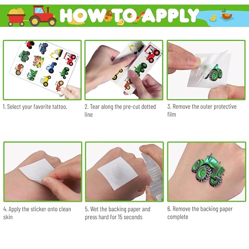 96 Tractor Farm Temporary Tattoos for Kids - 8 Sheets