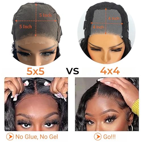 ONICE Glueless Wigs Human Hair Pre Plucked 5x5 HD Lace Closure Human Hair Wigs For Black Women 5x5 Curly Human Hair Wig Glueless Wear And Go Deep Wave Wig (Natural Black,10Inch)