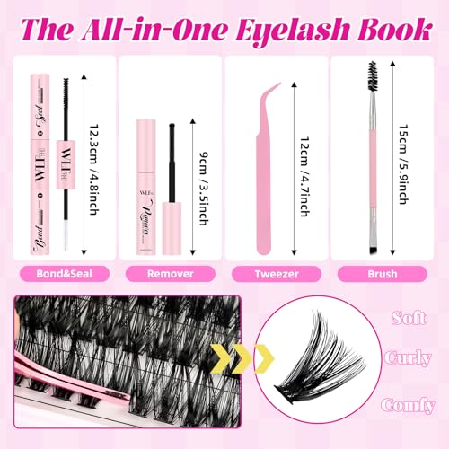 WLF Lash Clusters Kit 640 Pcs Lash Extension Kit Individual Lashes D Curl Clusters Eyelashes Extensions Kit with Lash Book Eyelash Bond and Seal Remover Tweezers Brush(Mix 9-16mm,30D+40D+50D+60D Kit)