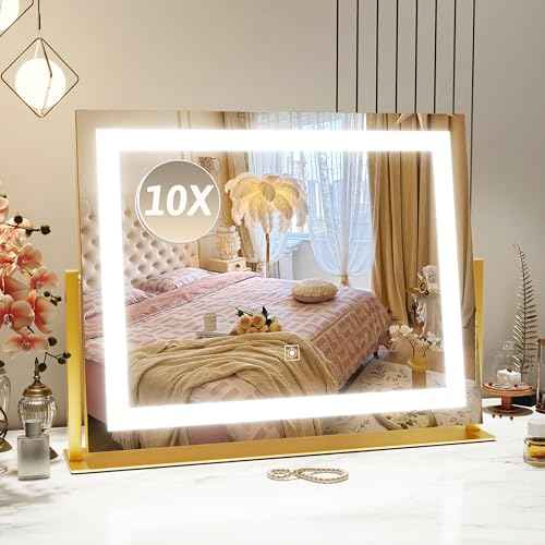 ROLOVE Vanity Mirror with Lights 22"x18", Lighted Makeup Mirror with 10X Magnification, Smart Touch 3 Colors Dimmable, 360¡Æ Rotation, Women Gift, Dresser Mount, Bathroom (Gold)