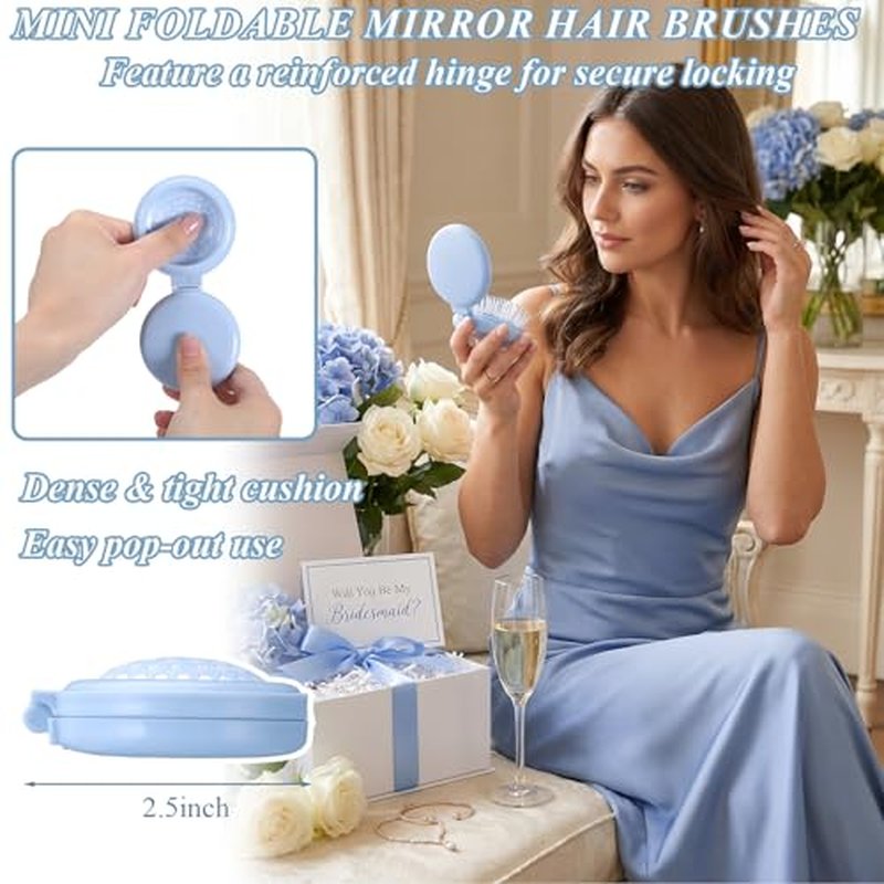 6-Piece Bridesmaid Proposal Gift Set – Blue Striped Makeup Bags, Socks & Brush