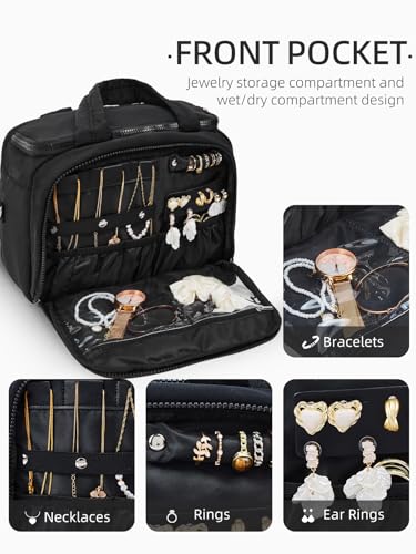 WESTBRONCO Black Small Travel Toiletry Bag with Jewelry Organizer for Women