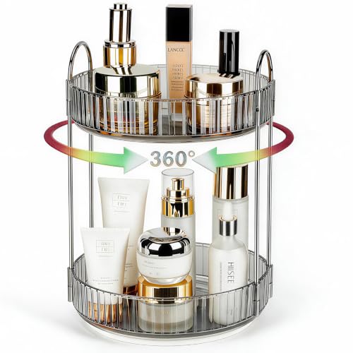 Niluks Classic Grey 2-Tier Rotating Makeup & Skincare Organizer, Lazy Susan Vanity Storage