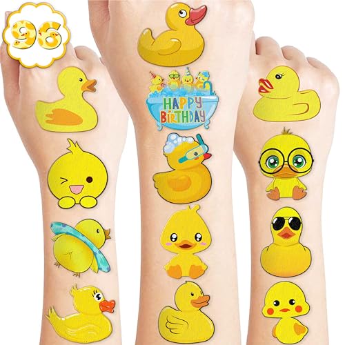 96 PCS Rubber Duck Pre-Cut Temporary Tattoos Themed Birthday Party Decorations Supplies Favors Decor Little Yellow Ducky Tattoo Stickers Gifts For Game Boys Girls Classroom School Prizes