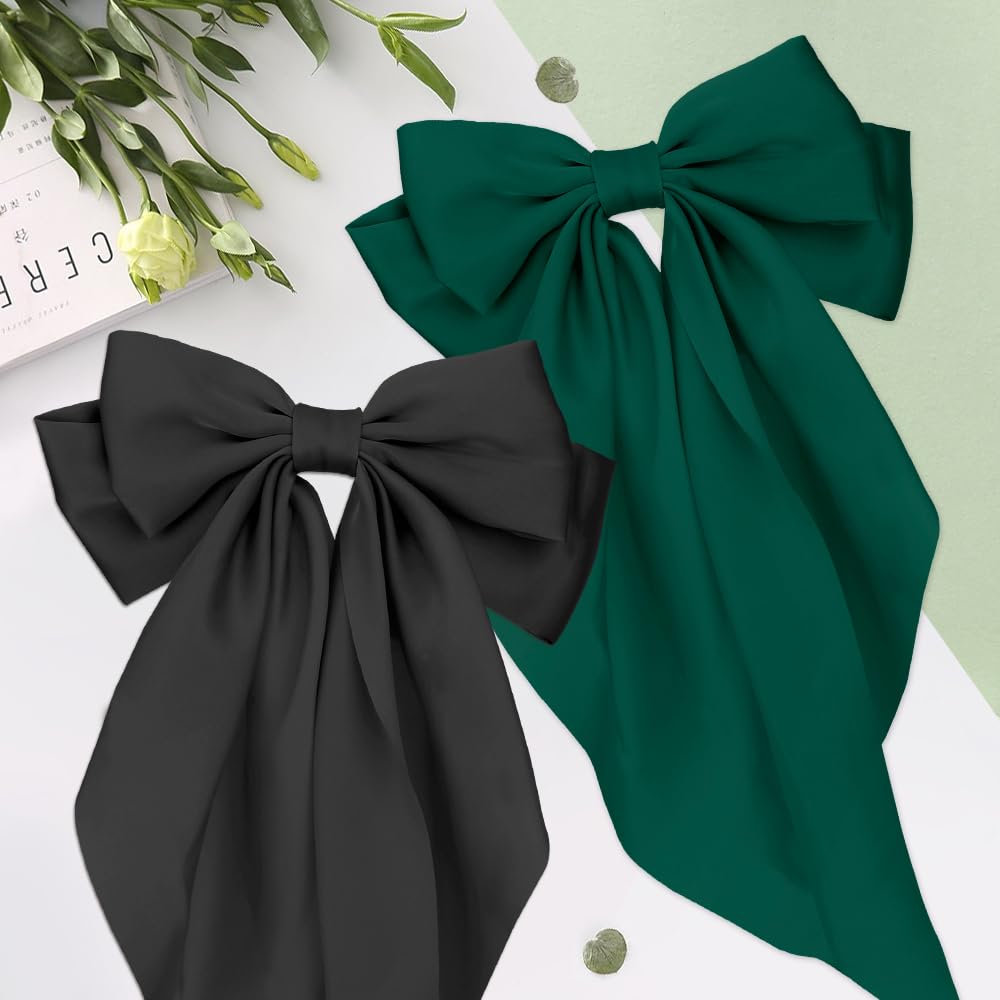 Black Bow Set for Women and Girls - Satin Hair Bows, Ribbon Hair Bows, Hair Clips, and Barrettes in Green (2pcs Large)