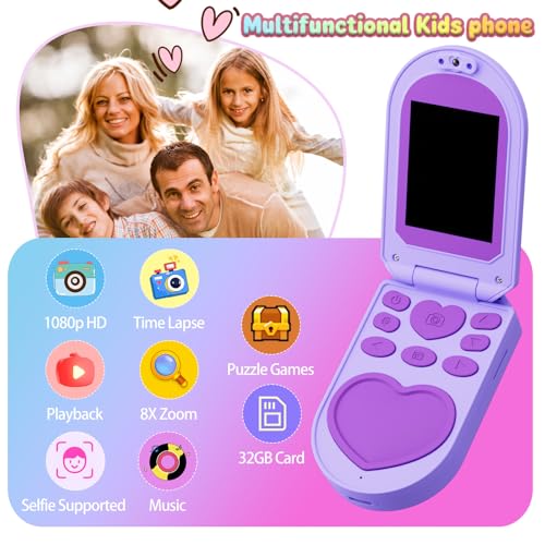 YUNIBRIX Kids Flip Phone Toy with HD Cameras & Music Player - Purple