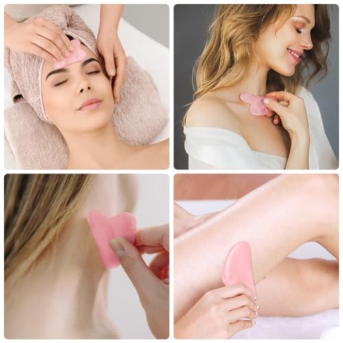 URAQT Gua Sha Facial Tools Rose Quartz Guasha Tools for Face & Eye Gua Sha Stone Skin Care Body Tighten Skin Massage Tools for Puffiness Reducing & Jawline Sculpting Face Stone Gua Sha Tools (Pink)