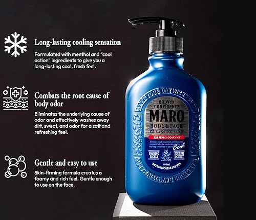 MARO Body & Face Cleansing Soap - Cool Menthol Soap, Fresh Scent Body Wash Soap with Long-Lasting Cooling Sensation - All-in-One Body Wash to Remove Odor | 13.5 oz / 400 ml (2 Pack)