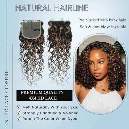 ALHER #F1B/27 Black and Blonde Highlight Water Wave 4x4 Lace Closure, 12A Skunk Stripe Color Wet n Wavy Free Part Melt Lace, 100% Virgin Remy Human Hair Pre Plucked With Baby Hair 150% Density 14 Inch