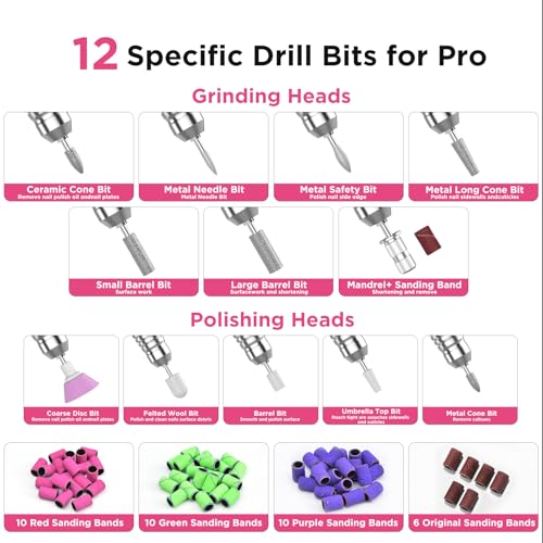 Electric Nail Drill Kit 40000RPM Efile Nail Drill Professional with 12 Drill Bits & 66 Sanding Bands Cordless & Rechargeable Nail Drills for Nails Acrylic Gel Polishing Removing Home/Salon Use-Pink