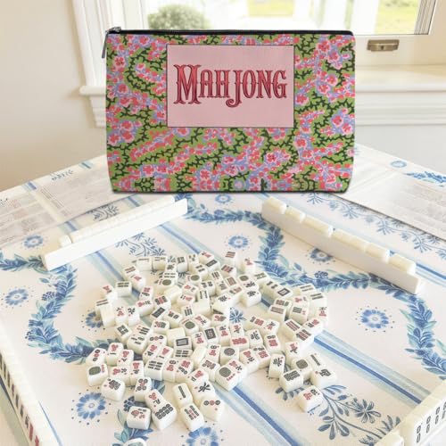 Pink Floral Mahjong Tile Bag - Durable Zippered Pouch for Accessories