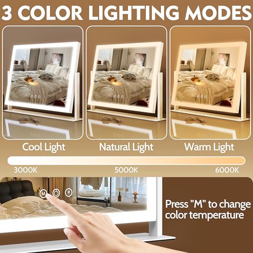 ROLOVE Lighted Makeup Mirror 16.3"x12.6", Hollywood Vanity Mirror with 10X Magnifier, 3 Color LED Lighting Modes, Smart Touch Control & 360¡Æ Rotation, Tabletop Makeup Mirror (White, Gift Ready)