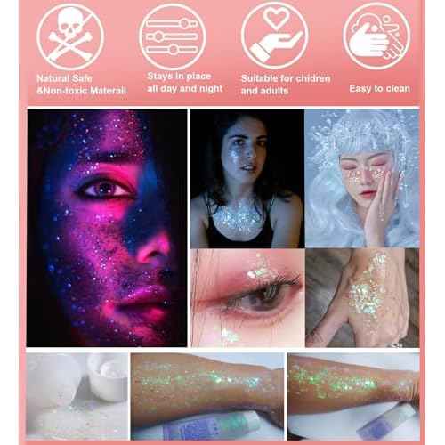 Go Ho Clear White Face Body Glitter - Party Flash Festival Rave Outfits for Women&Kids,Holographic Glitter White Face Paint,Halloween Mermaid Fairy Makeup Chunky Sequins Gel,Rave Pride Accessories