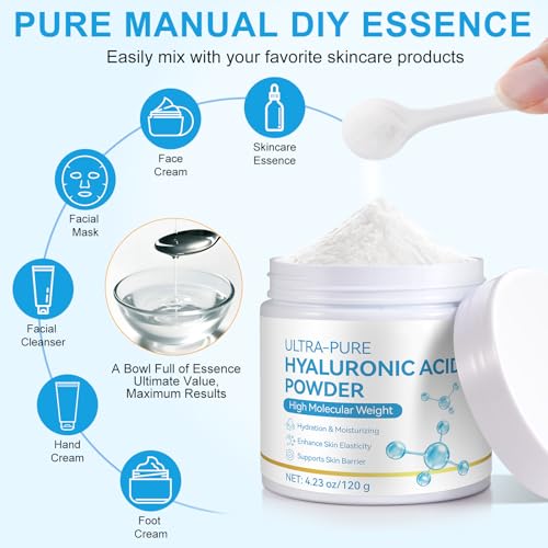 Hyaluronic Acid Powder, 120g Hyaluronic Acid Serum Powder for Face & Skin, Dual Molecular Weight Deep Hydration, Moisture Lock, Enhance Skin Elasticity & Barrier