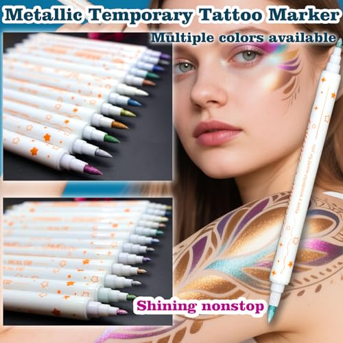 12 Colors Metallic Face Paint Glitter Tattoo Kit, Washable Glittering Face Body Painting Pens for Halloween Makeup Party Festival Clubs Cosplay Costume