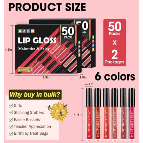 AZEN 100 Pack Lip Gloss Bulk Set, Shimmery Lip Gloss for Women and Girls With Rich Varied Colors, Valentines Gifts Easter Basket Stuffers