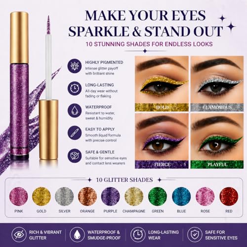 10-Color Liquid Glitter Eyeliner Set Waterproof Shimmer
