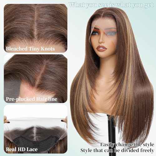 13x4 HD Lace Front Wig Honey Blonde 26 Inch Synthetic Straight Hair with Sunkissed Highlights Pre Plucked Glueless Wig for Black Women