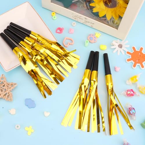 Noise Makers, Gold Noise Makers, Glitter Metallic Fringed Party Blowers Noisemakers Horns for Adults for Birthday Sporting Events Halloween Christmas New Year Party Favor Supplies (Gold)