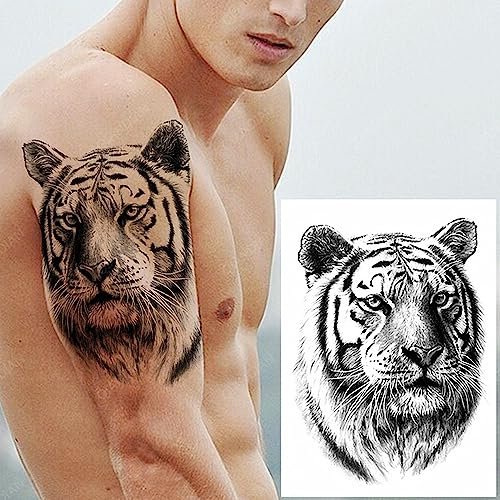 2 Sheets Realistic Animal Temporary Tattoos Stickers Sketch Lifelike Tiger Power Designs For Men Waterproof Arm Leg Fake Body Art, Gym & Parties Bold Masculine Decals
