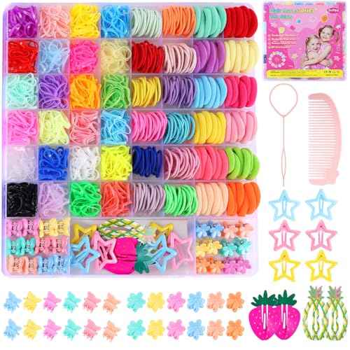 Toddler Hair Accessories for Girls, Colorful Elastic Hair Ties Set with Hair Clips, Funtopia 1246pcs Hair Rubber Bands with Cotton Baby Hair Ties, Mini Hair Clips, Hair Tail Tools for Kids