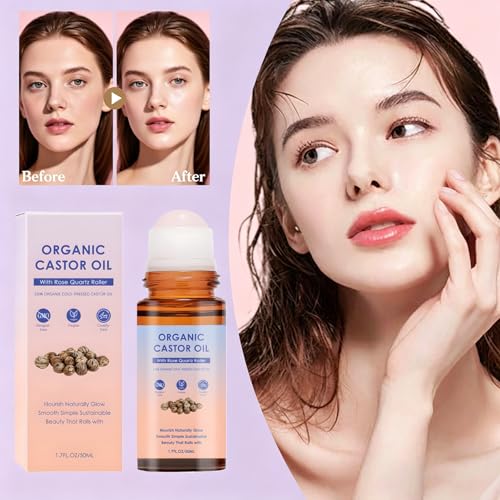 Omexry 2PC Organic Cold-Pressed Castor Oil Rose Quartz Roller for Skin Hair & Body