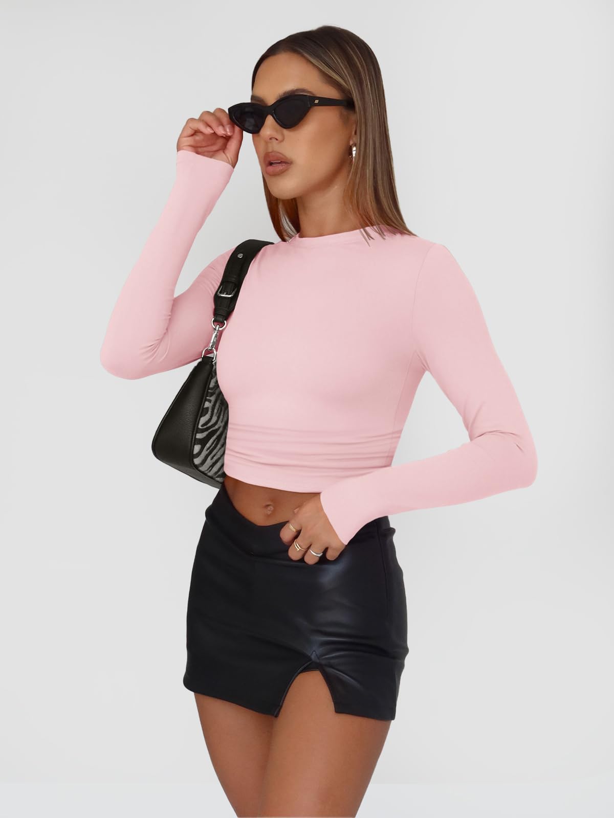 Trendy Queen Preppy Clothes Womens Long Sleeve Shirts Basic Spring Tops Tees Tight Slim Fit Cute Going Out Outfits Teen Girls Fall Winter Y2k Clothes 2024 Pink XS