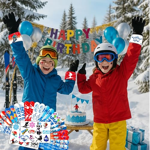 48PCS Skiing Party Set - 24PCS Temporary Tattoos & 24PCS Slap Bracelets - Fun Winter Sports-Themed Birthday Supplies, Baby Shower Gifts, Classroom Rewards & Party Decor for Kids (Boys & Girls)
